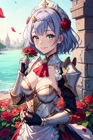 noelle gi, outdoors, maid headdress, closed mouth, holding, red rose, red ascot, shoulder armor, solo, ascot, armored dress, hair ornament, armor, petals, smile, holding flower, 1girl, looking at viewer, cleavage, gauntlets, blush, medium breasts,noelledef