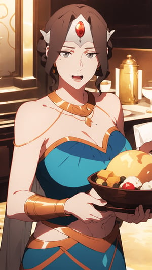 princess mirana, short hair, brown hair, (grey eyes:1.5), large breasts,thanksgiving,turkey,food,roasted turkey on table,looking at viewer, bare shoulders, jewelry, forehead jewel,formal, upper body, blue eyes, smile,yellow background,1girl, white hair, ponytail, open mouth, tail, mole, solo, long hair,perfect hands,perfect fingers, perfect, collarbone,detailed,cleavage,cutout,cleavage cutout, bandeau,exposed body,exposed belly,yuzu