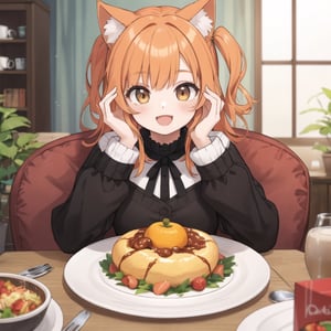 1girl holding a turkey in a plate, cheerful smile, cozy dinner room, catgirl, orange hair,(>o<:1.4)