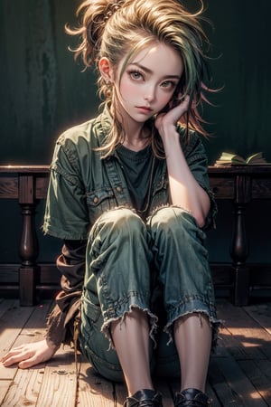 Masterpiece, Detailed,1girl,wearing green shirt, denim, pants torn on knees,shot ponytail, spikey hair,Niji Kei