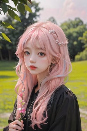 A little girl aged 5-8, with a dreamy background scene, black clothes, light pink hair