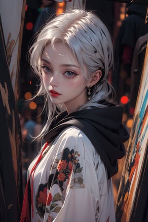 1girl, solo,oil painting, impasto, looking at viewer, silver eyes,bangs,long hair,hoodie,red lips,vague gaze,masterpiece,beautyniji,nijistyle,niji