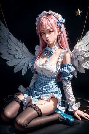 Havoc and Disorder, 1girl, solo, long hair, looking at viewer, blush, bangs, thighhighs, long sleeves, dress, bow, ribbon, jewelry, full body, pink hair, earrings, frills, parted lips, detached sleeves, wings, striped, pink eyes, star (symbol), nail polish, apron, plaid, maid headdress, blue dress, blue bow, frilled dress, striped thighhighs, angel wings, blue footwear, frilled thighhighs, plaid dress
