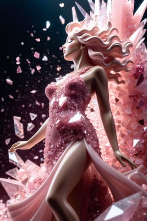 ultra detailed shot of a shattering sculpture made of rose quartz representing a dressed goddess, full body zoomed, ((pink glitter explosion)), side view, motion effects, ((shattering sculpture)), colorful cristal particles floating as the sculpture shatter in loads of tiny pieces, studio lights, ultra sharp focus, high speed shot, art by Mschiffer, soft colors