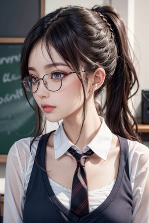 sexy school teacher,glasses,beautiful,tied hair,long_ponytail,makeup,eye-liner,blush,eyeshadow