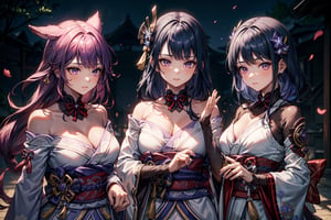 3girls,Highly detailed, High Quality, Masterpiece, beautiful, ,1girl(yae miko, pink eyes, long hair, pink hair, animal ears),1girl(Raiden_Shogun_\(genshin impact\), Raiden_Shogun:1.2, blue hair, long hair, 1girl(kujou_sara\(Genshin Impact\), kujou sara, mask, bangs, mask on head, black hair, blue hair, yellow eyes, short hair),3girls,yaemikodef,kujousaradef,raidenshogundef