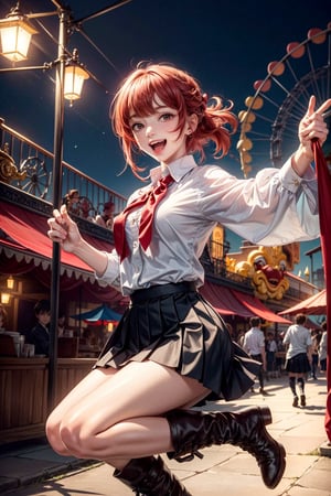 soft lighting, scenic background, carnival, roller coasters, gekkoukan high school uniform, white button up shirt, black pleated skirt, boots, red hair over on eye, excited happy expression, hearts