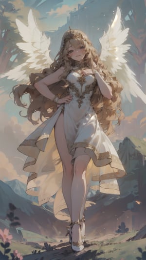 masterpiece, best quality, photorealistic, 8k raw photo, 1girl, light smile, long wavy hair, blonde hair, elegant dress, intricate dress, hair ornament, tiara, heels, stand pose, ultra detailed, finely detailed, wide_shot, outdoor, meadow, forest, mountain,angel_wings,1 girl,bg_imgs