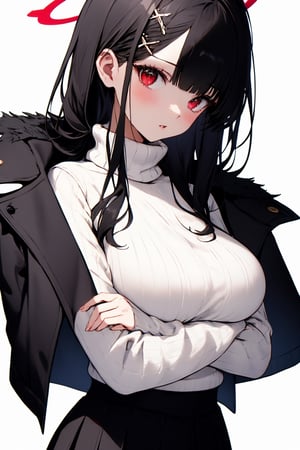 rio blue archive,black hair, 1girl, white sweater, long sleeves, solo, large breasts, turtleneck, red eyes, sweater, ribbed sweater, turtleneck sweater, black jacket, simple background, crossed arms, skirt, parted lips, hair ornament, blunt bangs, breasts, bangs, coat on shoulders, looking at viewer, white background, long hair, jacket, black skirt, halo, jacket on shoulders,rio blue archive,black hair, 1girl, white sweater, long sleeves, solo, large breasts, turtleneck, red eyes, sweater, ribbed sweater, turtleneck sweater, black jacket, simple background, crossed arms, skirt, parted lips, hair ornament, blunt bangs, breasts, bangs, coat on shoulders, looking at viewer, white background, long hair, jacket, black skirt, halo, jacket on shoulders,animeniji,beautyniji