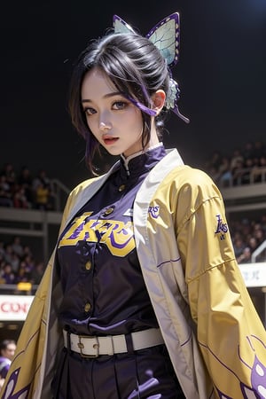 kochou shinobu,wearing yellow lakers uniform,detailed uniform,high quality,highly detailed,((lakers team outfit,yellow uniform))