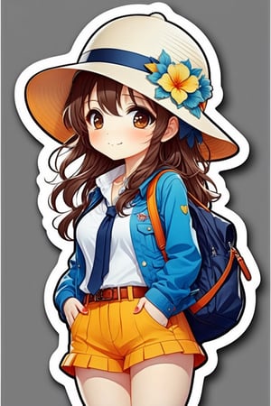 high quality, cute stickers, style cartoon, cute Super Deformed Character, white border, colorful, Detailed illustration of a woman wearing a Helen Kaminski hat with her hands in her pockets, by yukisakura, awesome full color,#Anime