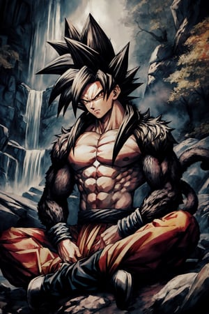 son goku, super saiyan 4, ssj4, ((solo)), black footwear, black hair, body fur, monkey tail, muscular, spiked hair, red fur, mucular male, watercolor, meditating, forest, waterfall, rainbow, closed eye