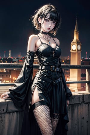 (best-quality:0.8), perfect anime illustration,1girl, adult, medium breasts, fishnet stockings, black hair, goth, necklace, multiple belts, city, night, Goth_punk, short hair, wavy hair,