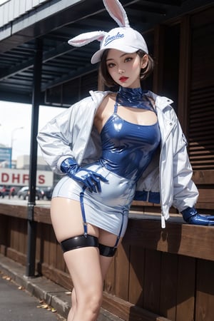 a girl,beautifil,wearing a blue and white latex dress with a white jacket,gloves,neck,thighs,sexy,thigh straps,white garter,baseball cap,bending over,short hair,lipstick,thigh bag,bunny ears,posing for photoshot,seducitve pose