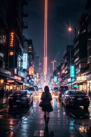anime 1girl, walking, neon street, people in background, blurry cars and buildings,cars moving so fast that they leaves a light trail that is blurry,city is futuristic cyberounk night city,smoke,electronics,glow,lights
