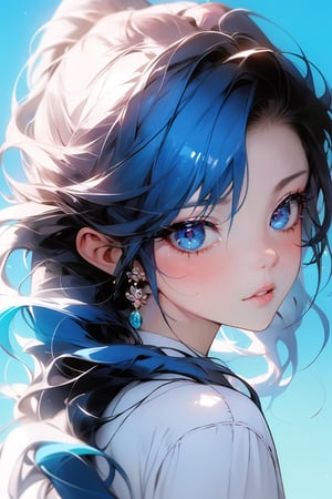 animeniji, upper body, parted lips, portrait, looking back, 1girl, long hair, blue background, solo, blue eyes, looking at viewer, lips, blue hair, eyelashes, pink hair, blush,beautyniji