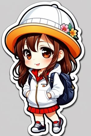 high quality, cute stickers, style cartoon, cute Super Deformed Character, white border, colorful, Detailed illustration of a woman wearing a Helen Kaminski hat with her hands in her pockets, by yukisakura, awesome full color,#Cartoon,#Anime