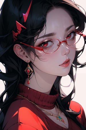 1girl, solo, long hair,oil painting, impasto, looking at viewer, black hair, jewelry,sweater,red eyes,close,earrings, lips,brown skin, necklace,hunter eyes,sharp eyes,glitter,shiny,flirty gaze,lips,white background,circlet,(red glasses,red contrast),masterpiece,beautyniji,nijistyle,niji