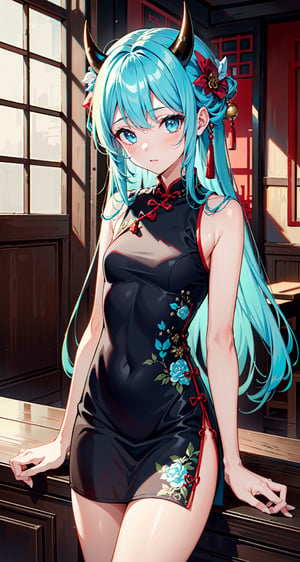 Girl,Drees,cyan hair,long hair,thin horns, very small horns, (masterpiece:1.2, best quality), (Soft light), (shiny skin), 1girls, chinese ink style,1girl,chinese cheongsam