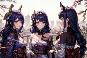 3girls,Highly detailed, High Quality, Masterpiece, beautiful, ,1girl(yae miko, pink eyes, long hair, pink hair, animal ears),1girl(Raiden_Shogun_\(genshin impact\), Raiden_Shogun:1.2, blue hair, long hair, 1girl(kujou_sara\(Genshin Impact\), kujou sara, mask, bangs, mask on head, black hair, blue hair, yellow eyes, short hair),3girls,yaemikodef,kujousaradef,raidenshogundef