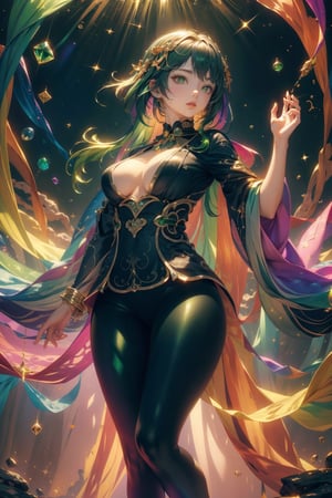 ((Made from crystals)),large superimposed Japanese characters ::2 portrait,dynamic,fractal,flowing,wearing black tops with large ((colorful))outfit,((crystal like)),long sleeves,gold details,black leggings, beautiful,curvy,medium breasts,((multicolored one sided green hair:1.2)),Masterpiece,1gir1,crystal4rmor,crystal,sfw_nudity,raidenshogundef,
