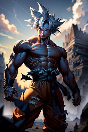 masterpiece, high quality, detailed lighting, son goku, (solo), 1boy, battle damage, (best quality), muscular, blue sky, blurry, blurry background, glacier, male focus, sky, solo, ultra instinct, white hair, torn clothes, (good hands), (masterpiece), anatomy, , son goku,son goku,giant_this_guy