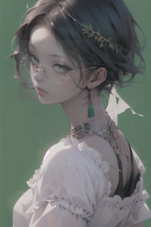 1girl, solo, long hair,oil painting, impasto, looking at viewer, black hair, jewelry, green eyes, short hair,bob cut, earrings, lips, brown skin, necklace, lips,green background,circlet,green glasses,masterpiece,beautyniji,nijistyle,niji