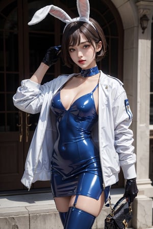 a girlbeautifil,wearing a blue latex dress with a white jacket,gloves,neck,thighs,sexy,thigh straps,white garter,cap,short hair,lipstick,thigh bag,bunny ears,posing for photoshot,seducitve pose