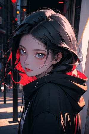 1girl, solo,oil painting, impasto, looking at viewer, silver eyes,bangs,long black hair,hoodie,red lips,red,light skin,vague gaze,masterpiece,beautyniji,nijistyle,niji