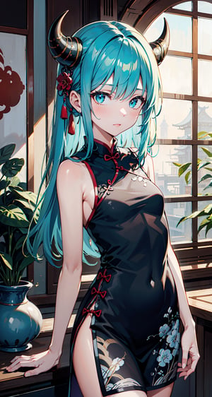 Girl,Drees,cyan hair,long hair,thin horns, very small horns, (masterpiece:1.2, best quality), (Soft light), (shiny skin), 1girls, chinese ink painting style,1girl,chinese cheongsam