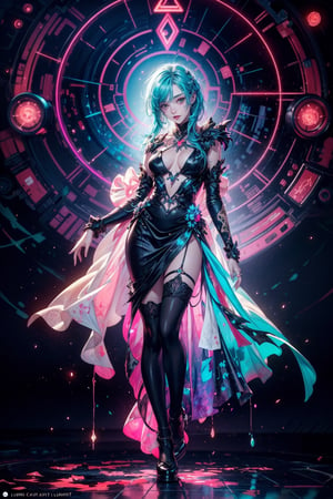 a witch with blue hair, bottom length messy hair no clothing, happy, Full body, Beautiful anime waifu style girl, hyperdetailed painting, luminism, art by Carne Griffiths and Wadim Kashin concept art, 4k resolution, fractal isometrics details bioluminescence , 3d render, octane render,Neon Light,midjourney