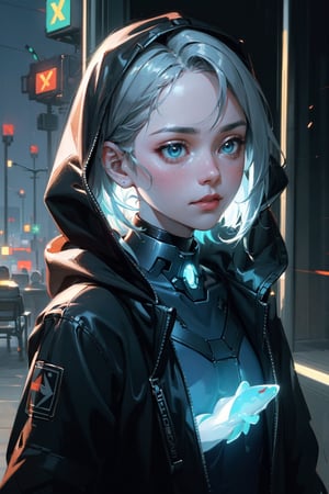 detailed portrait, ultra realistic, girl, highly detailed clothes, wearing cyberpunk coat with hood,beautiful face, cybernatic,time traveler,robotic, 12k, beautiful outfit, wlop, high definition, cinematic, behance contest winner, portrait featured on unsplash, stylized digital art, smooth,(bioluminescence:1.2)