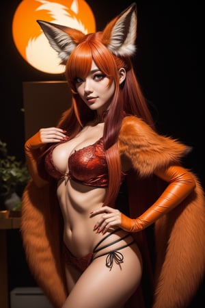 a beautiful women, doing cosplay of a fox, nine tail fox, orange fur, red eyeliner,

