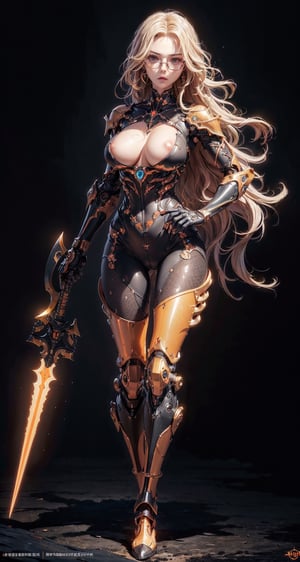 masterpiece, best quality, best quality, Amazing, beautiful detailed eyes, extremely detailed CG unity 8k wallpaper, dark themes 1girl, wearing black leather bikini, medium breast, medium natural breast, dropping breast, natural saggy breast, big hip, (long blond wavy hair in the air:1.34), (perfert long legs:1.35), (glasses:1.35), (more machanical detial:1.36), (leon light translucent from join, Ultra-shiny black and orange colored titanium cyborg body covering the body, mecha musume, cowboy shot,weapon, Ultra-shiny ultra-hard Transformers cyborg body, (furture battelfield background:1.35), hourglass body shape, low angle shots,
