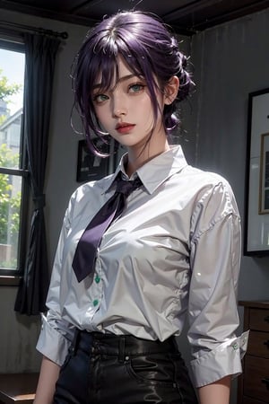1girl, in a room, purple hair, green eyes, white shirt, day lighting, detailed artwork