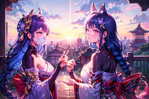 3girls,Highly detailed, High Quality, Masterpiece, beautiful, ,1girl(yae miko, pink eyes, long hair, pink hair, animal ears),1girl(Raiden_Shogun_\(genshin impact\), Raiden_Shogun:1.2, blue hair, long hair, 1girl(kujou_sara\(Genshin Impact\), kujou sara, mask, bangs, mask on head, black hair, blue hair, yellow eyes, short hair),3girls,yaemikodef,kujousaradef,raidenshogundef