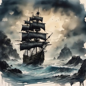 ink scenery,  scenery, black teme, pirate ship, sea, light, 8k,detailed, muted color, ink art 