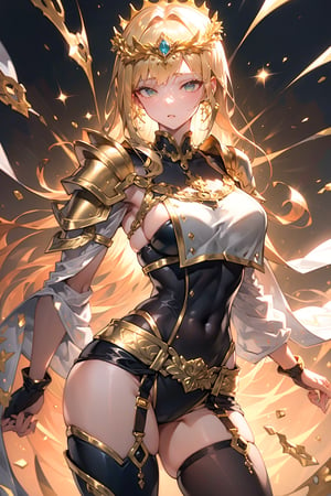 Goddess,gold shoulder pads,gold detailed,white clothes,greek goddess,armor type clothing,skimpy,golden ratio,gold sleeves,long clothes,hips,gold thigh straps,golden belt,crown,long blonde hair.
, (hyperdetailed:1.3),YAMATO,niji