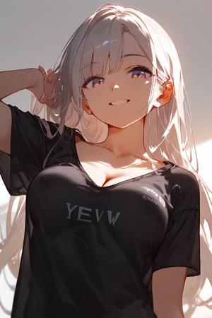 (score_9,score_8_up,score_7_up),high res image,masterpiece,best quality,high contrast,amazing illustration,(lighting front:1.3),manga style,Woman, white long hair, medium breasts, cleavage ,collarbone, black T-shirt, large T-shirt, left shoulder visible,smile,
white background,Nipple, oblique angle from below,Eyes,(nsfw:1.2)