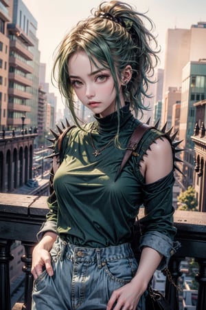 Masterpiece, Detailed,1girl,wearing green shirt, denim, pants torn,shot ponytail, spikey hair,Niji Kei