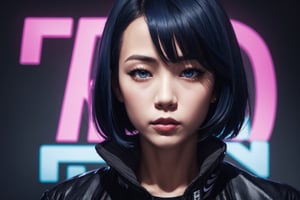 large superimposed Japanese characters ::2 close-up portrait of a beautiful woman with short blue hair, wearing a plastic Nike jacket, in cyberpunk style, with a dark gray background style raw,Masterpiece,JeeSoo 