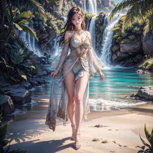 (masterpiece), (full body, full entire body), realistic, tropical paradise, in frame, intricate detail, 8k resolution, photorealistic, global illumination, detailed environment, beautiful young 20-year-old female character, glamourous, stunningly beautiful girl, detailed hairstyle,dynamic, approaching perfection, highly detailed