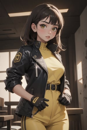 masterpiece,detailed,perfect lighting, 1girl wearing yellow outfit with black striped,bangs,gloves, jacket,sexy,beautiful girl,pretty