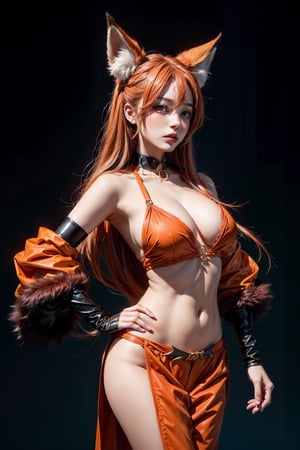 a beautiful women, doing cosplay of a fox, nine tail fox, orange fur, red eyeliner,

