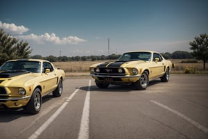 yellow and black car parked in a parking lot with trees in the background, a wide full shot, muscle cars, the last v 8 interceptor, mustang, frontal shot, front shot, yellow lighting from right, full body wide shot, based on bumblebee, cinematic front shot, bumblebee, a wide shot, 1970', nova, close body shot, mod