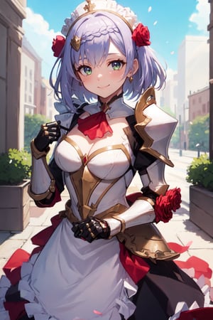 noelle gi, outdoors, maid headdress, closed mouth, holding, red rose, red ascot, shoulder armor, solo, ascot, armored dress, hair ornament, armor, petals, smile, holding flower, 1girl, looking at viewer, cleavage, gauntlets, blush, medium breasts,noelledef