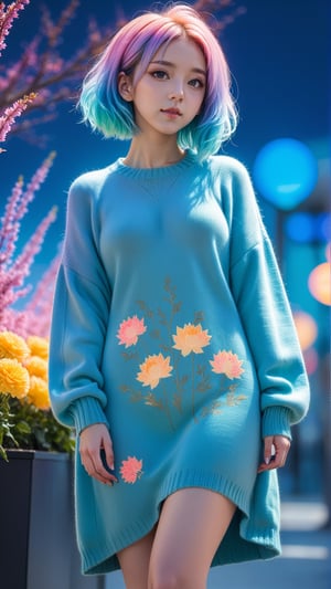 illustrator, anime , full body, realistic , sketch , 1girl, ,lip, Sweater,order, Blue gradient background, Neon hair,Textured crop, Canadian, (masterpiece,best quality) wearing wooly long dress and coat,  full body, flowers bloom and lighting bokeh as background,xxmix_girl