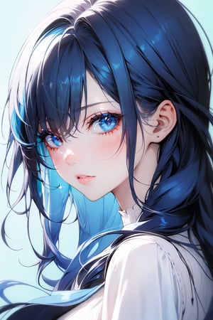 animeniji, upper body, parted lips, portrait, looking back, 1girl, long hair, blue background, solo, blue eyes, looking at viewer, lips, blue hair, eyelashes, pink hair, blush,beautyniji