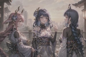 3girls,Highly detailed, High Quality, Masterpiece, beautiful, ,1girl(yae miko, pink eyes, long hair, pink hair, animal ears),1girl(Raiden_Shogun_\(genshin impact\), Raiden_Shogun:1.2, blue hair, long hair, 1girl(kujou_sara\(Genshin Impact\), kujou sara, mask, bangs, mask on head, black hair, blue hair, yellow eyes, short hair),3girls,yaemikodef,kujousaradef,raidenshogundef