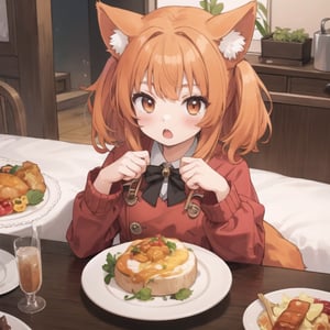 1girl holding a turkey in a plate, cozy dinner room, catgirl, orange hair,( O_O:1.4)